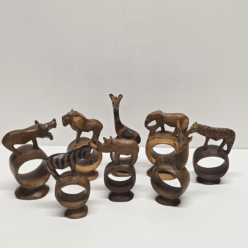 African Wood Carved Safari Animal Napkin Rings jungle theme Made In Kenya VTG